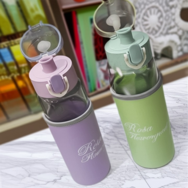 Rosa Flowery Glass Water Bottle | 300ml Leak-Proof Bottle with Sleeve