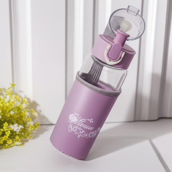 Rosa Flowery Glass Water Bottle | 300ml Leak-Proof Bottle with Sleeve