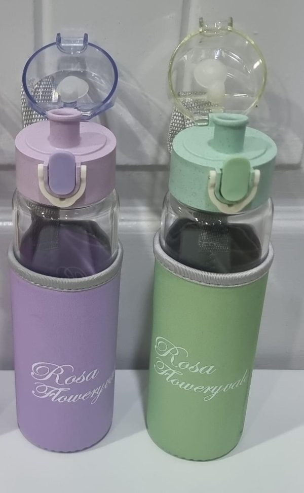 Rosa Flowery Glass Water Bottle | 300ml Leak-Proof Bottle with Sleeve