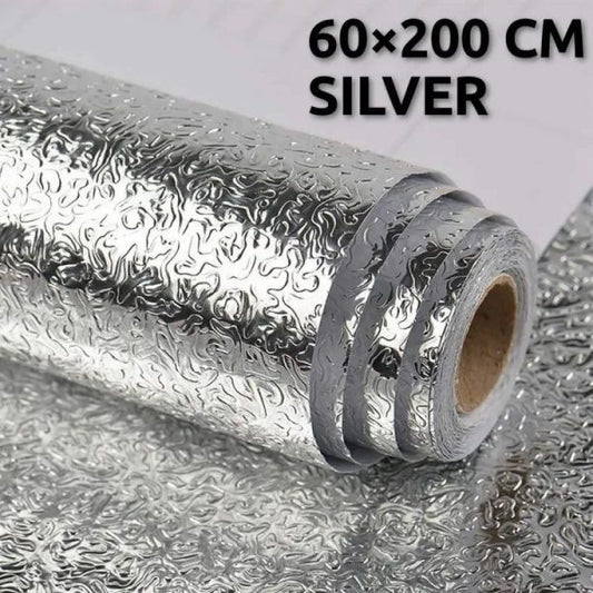 60×200cm Silver Foil Kitchen Sticker – Oilproof, Waterproof, Self-Adhesive