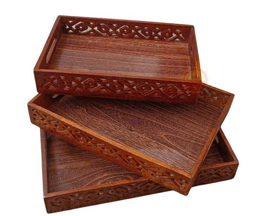 Pack of 3 Wooden Serving Trays with Handles – Multipurpose Kitchen Set