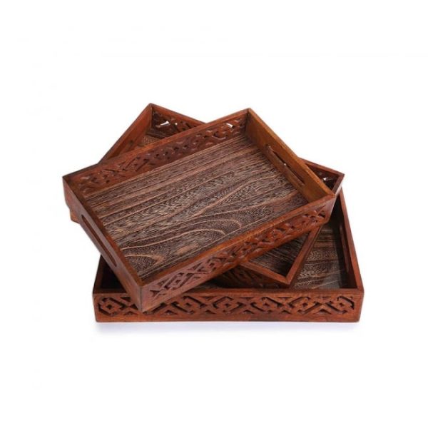 Pack of 3 Wooden Serving Trays with Handles – Multipurpose Kitchen Set