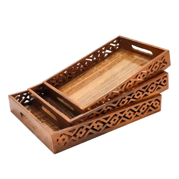 Pack of 3 Wooden Serving Trays with Handles – Multipurpose Kitchen Set