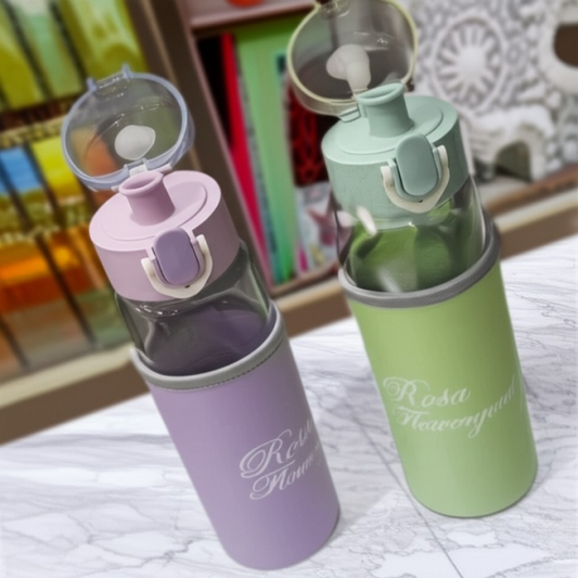 Rosa Flowery Glass Water Bottle | 300ml Leak-Proof Bottle with Sleeve