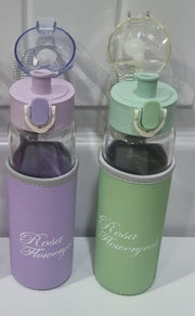 Rosa Flowery Glass Water Bottle | 300ml Leak-Proof Bottle with Sleeve